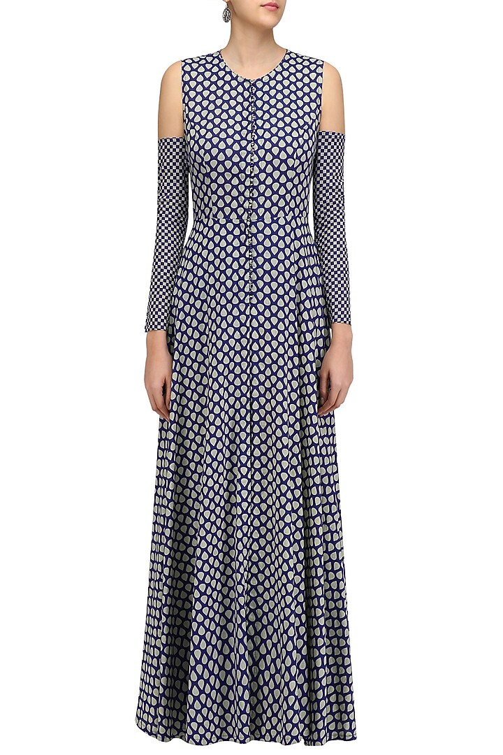 Blue and beige printed tunic with split detachable sleeves and palazzo pants available only at Pernia's Pop Up Shop.