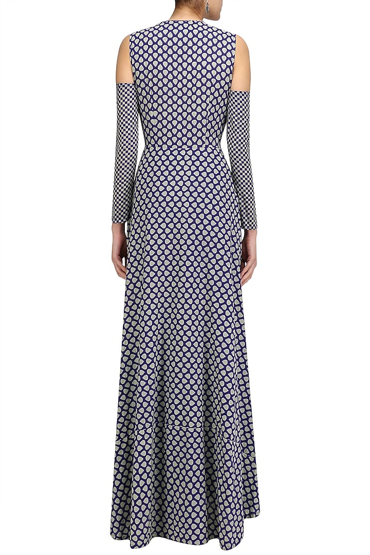 Blue and beige printed tunic with split detachable sleeves and palazzo pants available only at Pernia's Pop Up Shop.