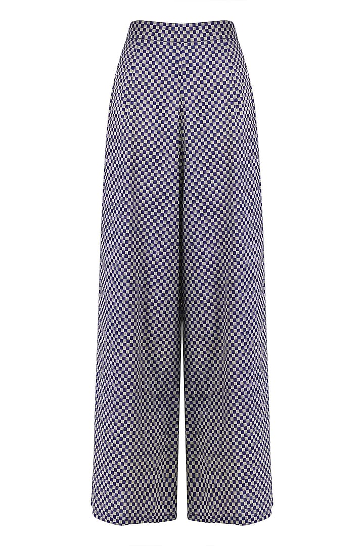 Blue and beige printed tunic with split detachable sleeves and palazzo pants available only at Pernia's Pop Up Shop.