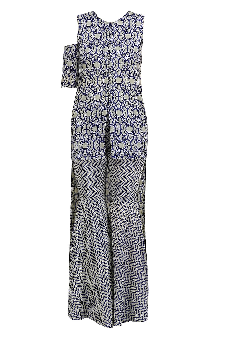 Blue and Beige Printed Asymmetric Tunic with One Detachable Split Sleeve and Sharara Pants by Nitya Bajaj