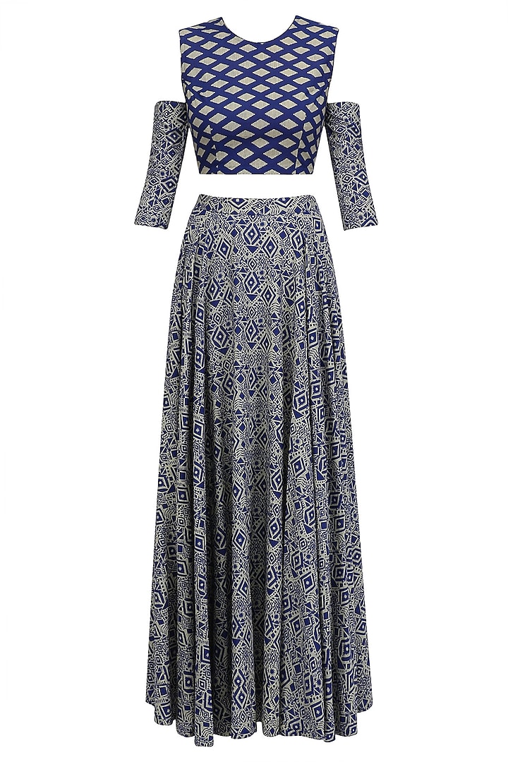 Blue and Beige Printed Cutout Crop Top and High Waisted Skirt Set by Nitya Bajaj