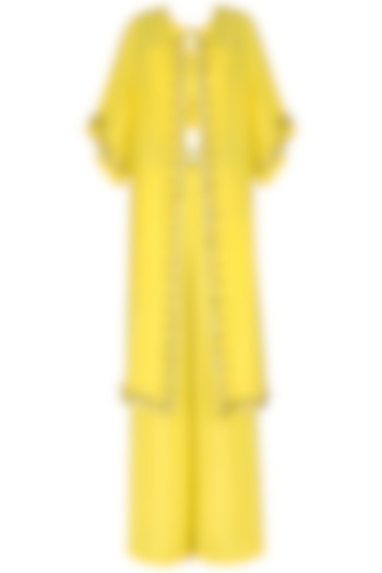 Yellow crop top with palazzo pants and embroidered cape set available only at Pernia's Pop Up Shop.