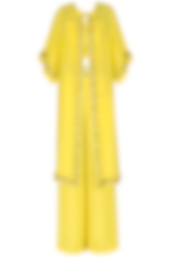 Yellow Crop Top with Palazzo Pants and Embroidered Cape Set by Nitya Bajaj
