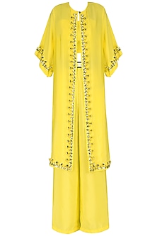 Sunny Chic - Yellow Crop Top, Palazzo Pants, and Jacket Ensemble