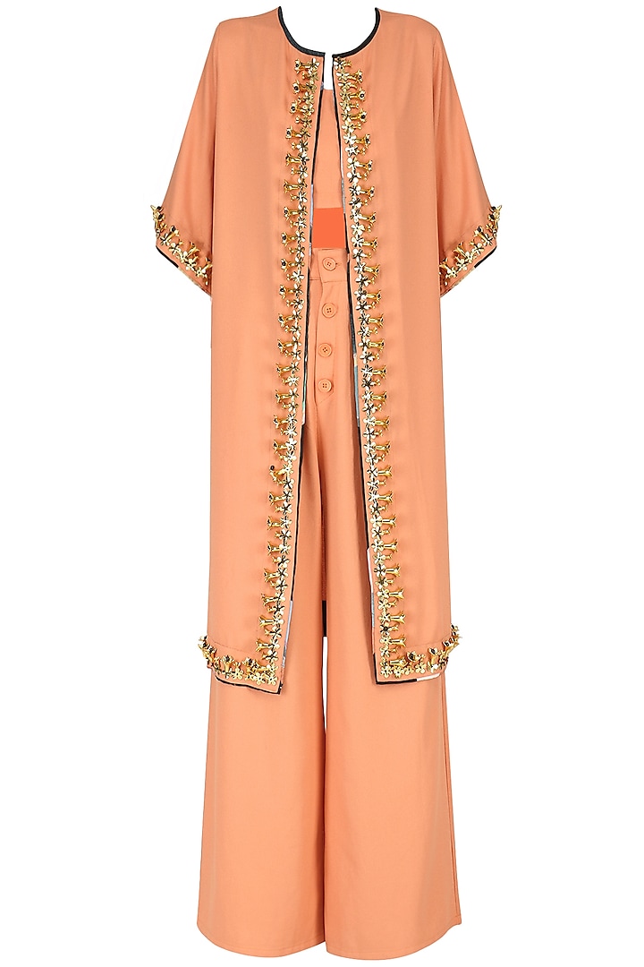 Orange Crop Top with Palazzo Pants and Embroidered Cape Set by Nitya Bajaj