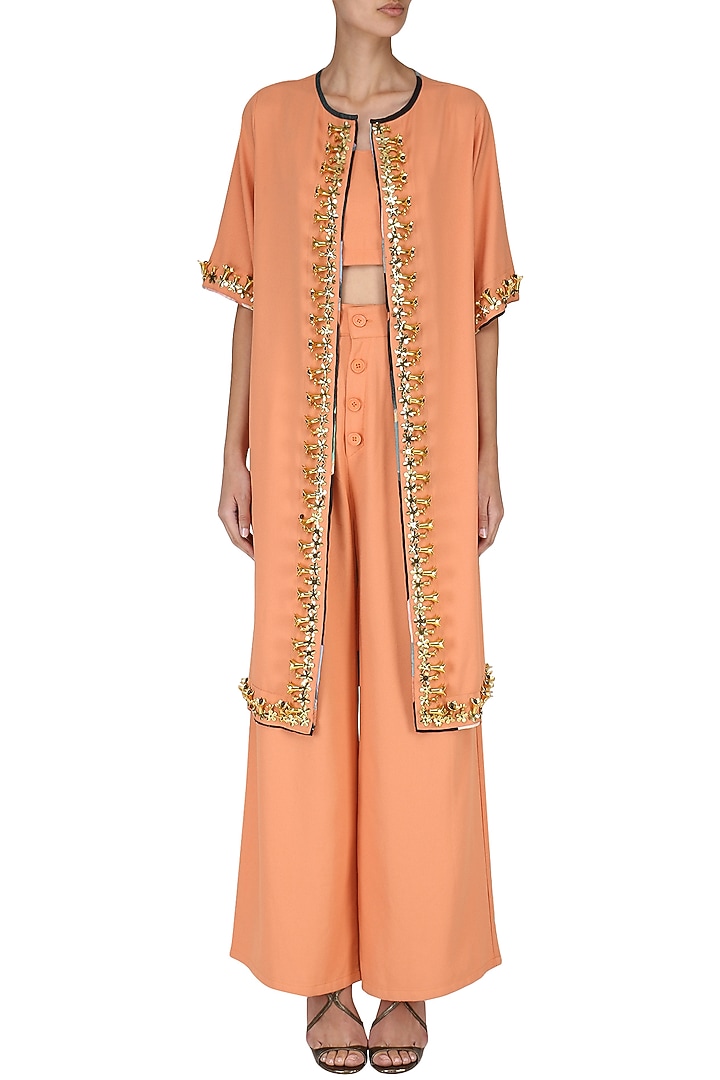 Orange crop top with palazzo pants and embroidered cape set available only at Pernia's Pop Up Shop.