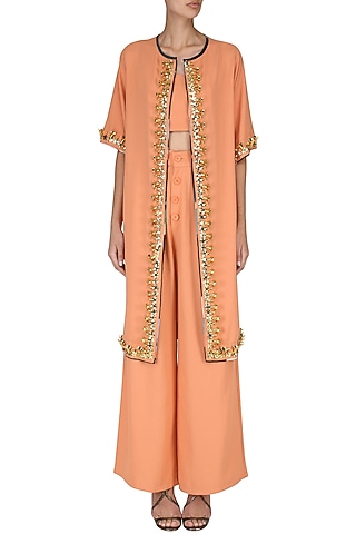 Orange Crop Top with Palazzo Pants and Embroidered Cape Set by Nitya Bajaj