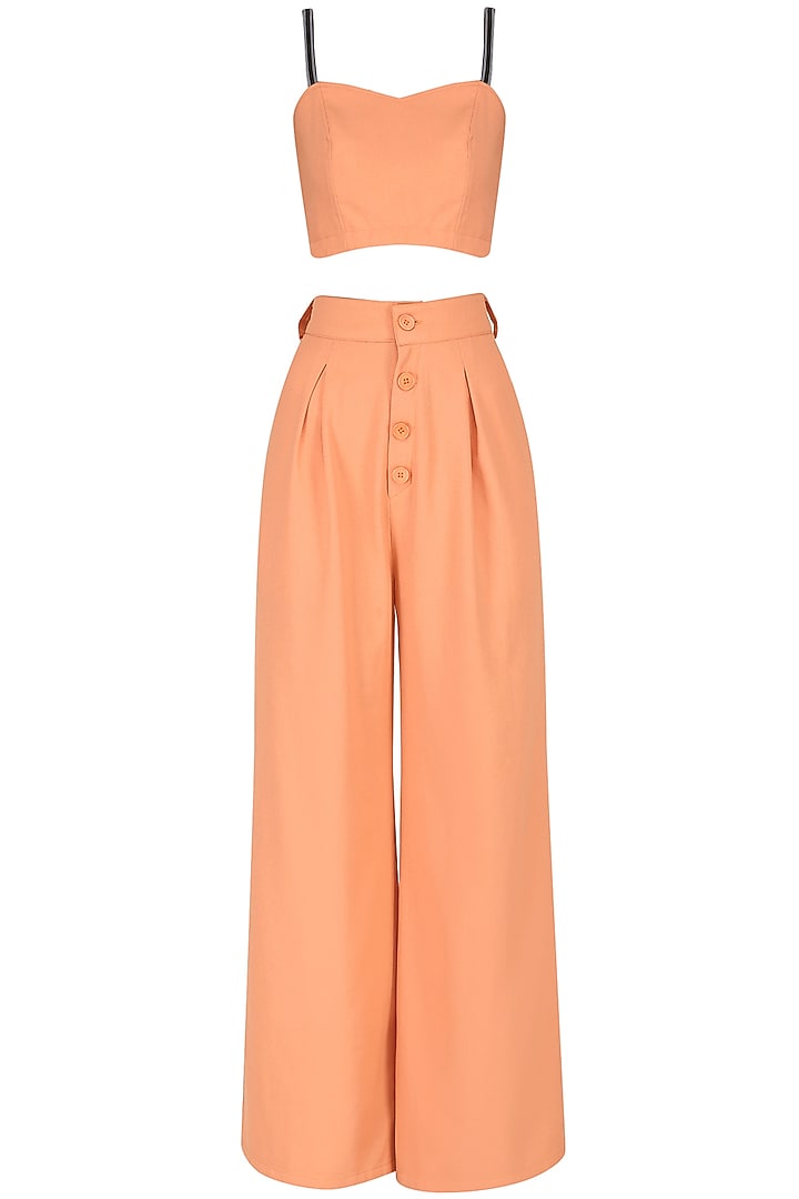 Orange crop top with palazzo pants and embroidered cape set available only at Pernia's Pop Up Shop.