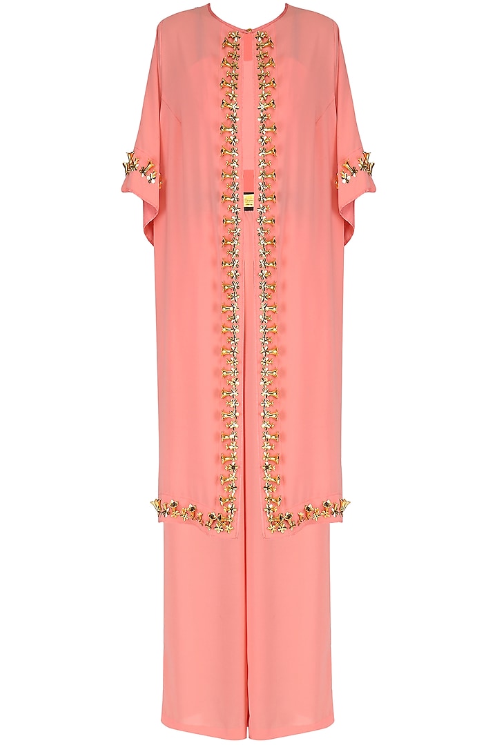 Peach Crop Top with Palazzo Pants and Embroidered Cape Set by Nitya Bajaj