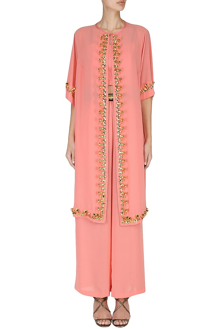 Peach crop top with palazzo pants and embroidered cape set available only at Pernia's Pop Up Shop.