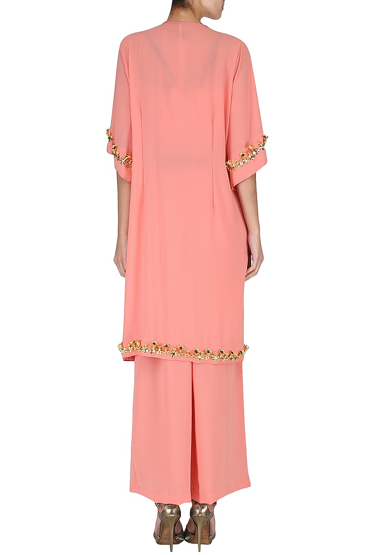 Peach crop top with palazzo pants and embroidered cape set available only at Pernia's Pop Up Shop.
