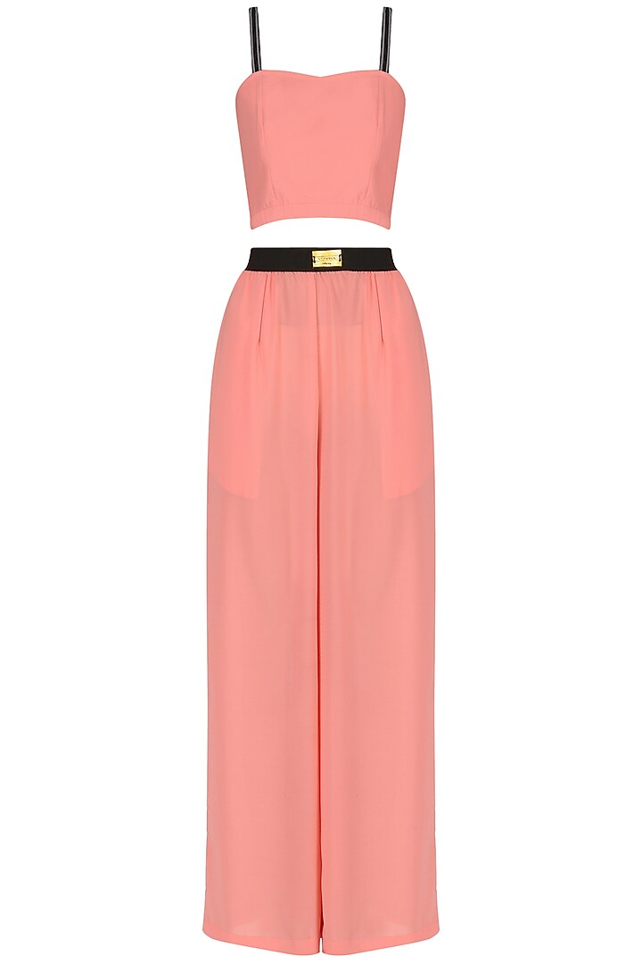 Peach crop top with palazzo pants and embroidered cape set available only at Pernia's Pop Up Shop.