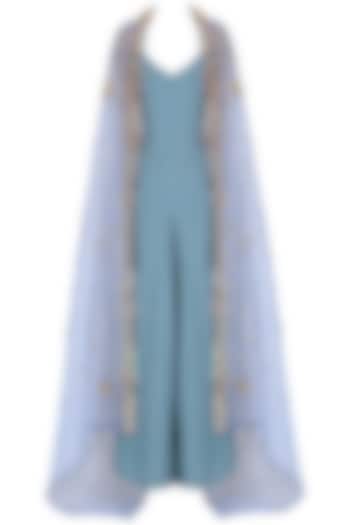 Grey jumpsuit with blue embroidered cape set available only at Pernia's Pop Up Shop.
