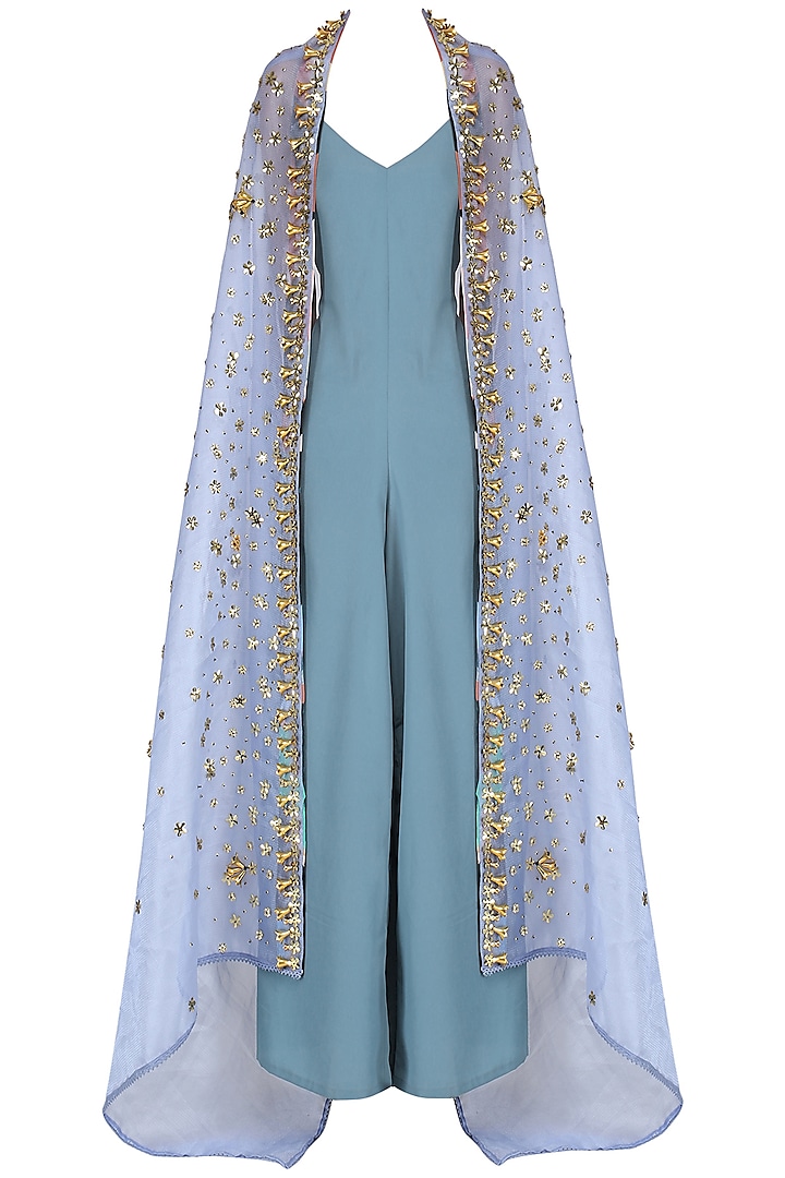 Grey Jumpsuit with Blue Embroidered Cape Set by Nitya Bajaj