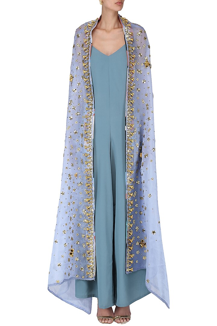 Grey jumpsuit with blue embroidered cape set available only at Pernia's Pop Up Shop.