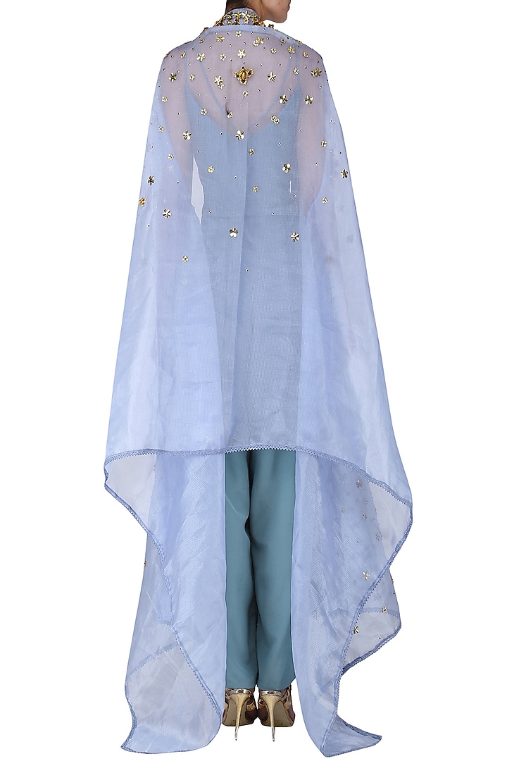 Grey jumpsuit with blue embroidered cape set available only at Pernia's Pop Up Shop.