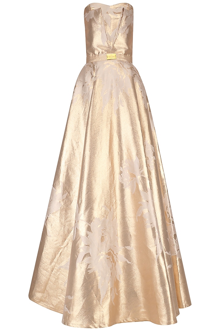 Gold Jacquard Tube Gown by Nitya Bajaj