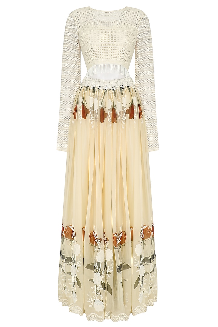 Ivory Crop Top and Floral Work Skirt Set by Nitya Bajaj