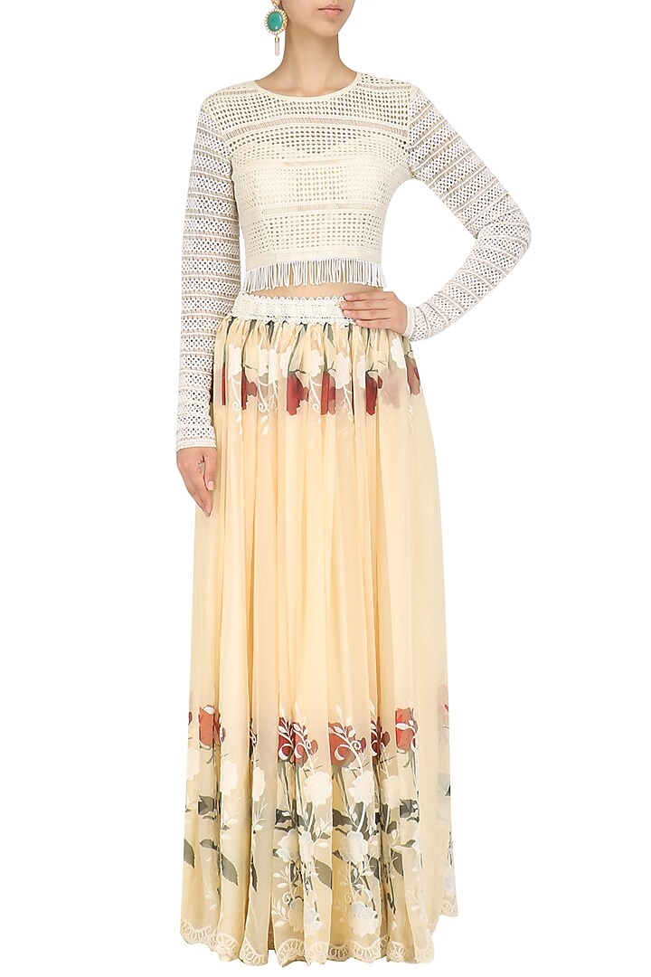 Ivory crop top and floral work skirt set available only at Pernia's Pop Up Shop.