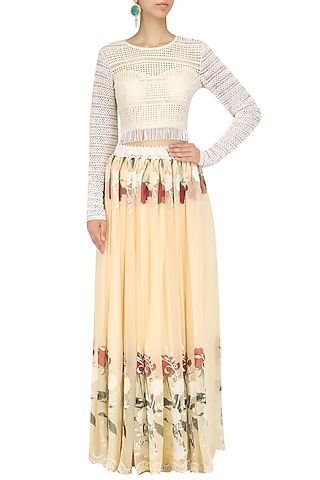Ivory Crop Top and Floral Work Skirt Set by Nitya Bajaj