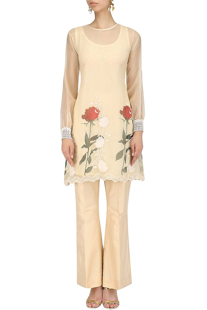 Beige floral pakistani tunic and bell bottoms set available only at Pernia's Pop Up Shop.