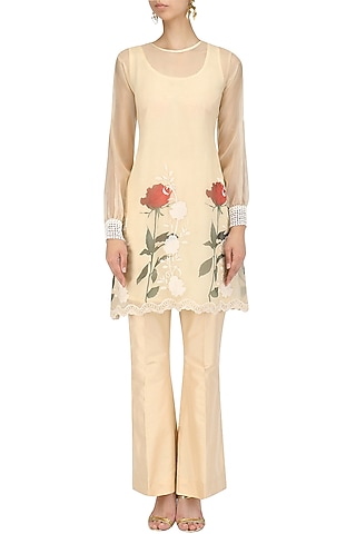 Beige Floral Pakistani Tunic and Bell Bottoms Set by Nitya Bajaj