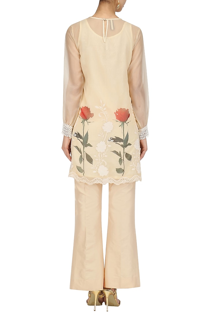 Beige floral pakistani tunic and bell bottoms set available only at Pernia's Pop Up Shop.