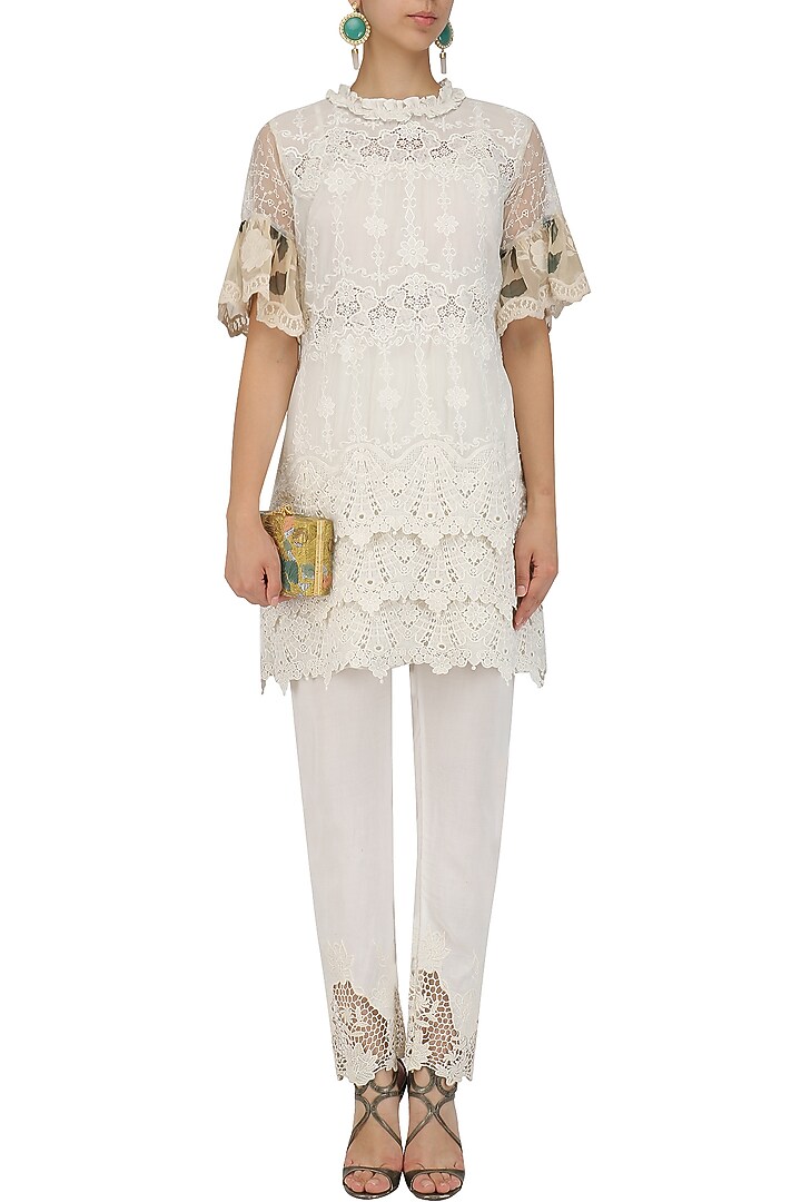 Ivory pakistani tunic and fitted pants set available only at Pernia's Pop Up Shop.