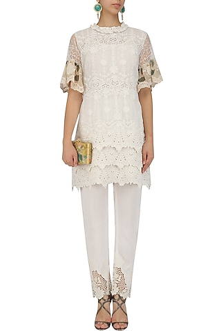 Ivory Pakistani Tunic and Fitted Pants Set by Nitya Bajaj