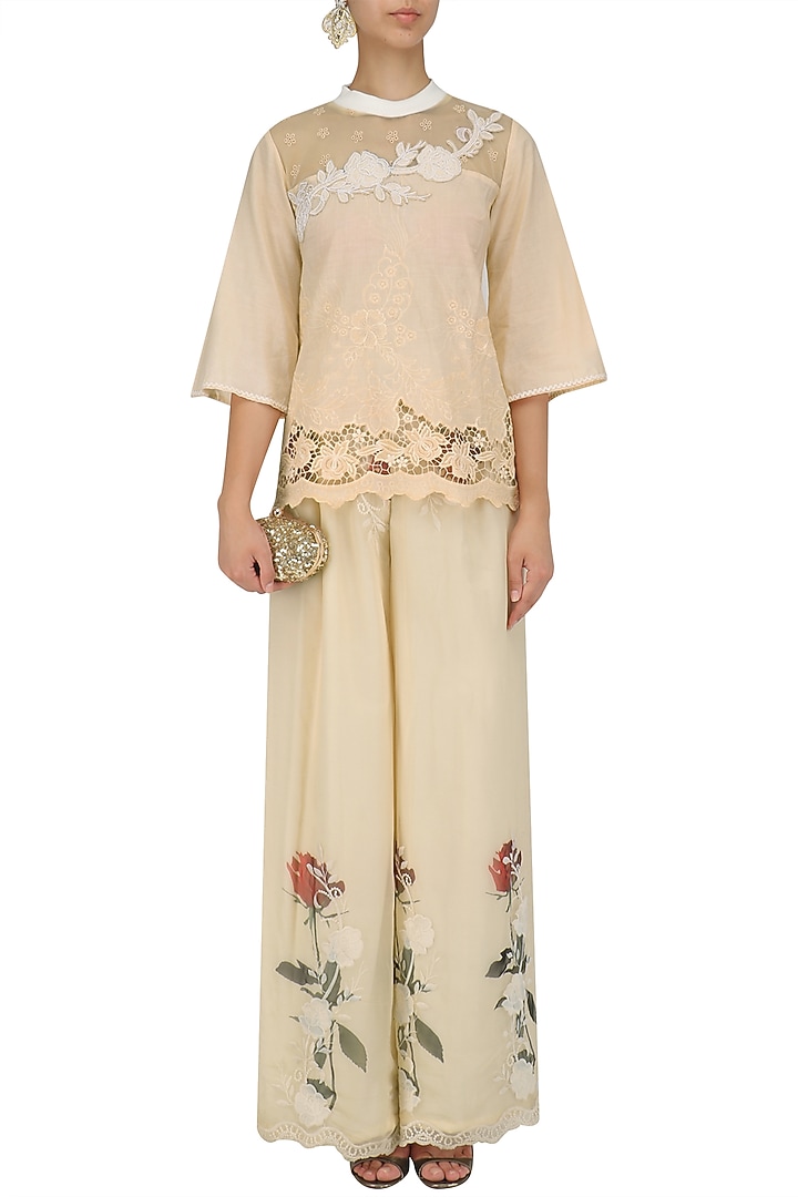 Beige top and floral work palazzo pants set available only at Pernia's Pop Up Shop.