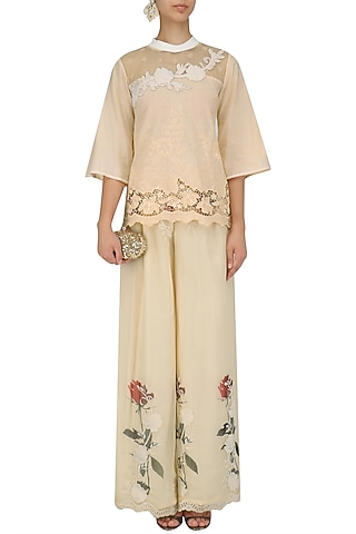 Beige Top and Floral Work Palazzo Pants Set by Nitya Bajaj