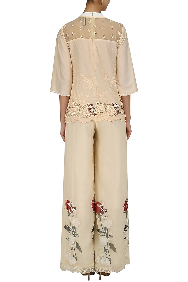 Beige top and floral work palazzo pants set available only at Pernia's Pop Up Shop.