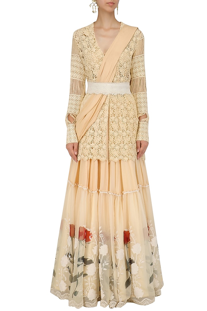 Beige crochet cutwork jacket lehenga set available only at Pernia's Pop Up Shop.