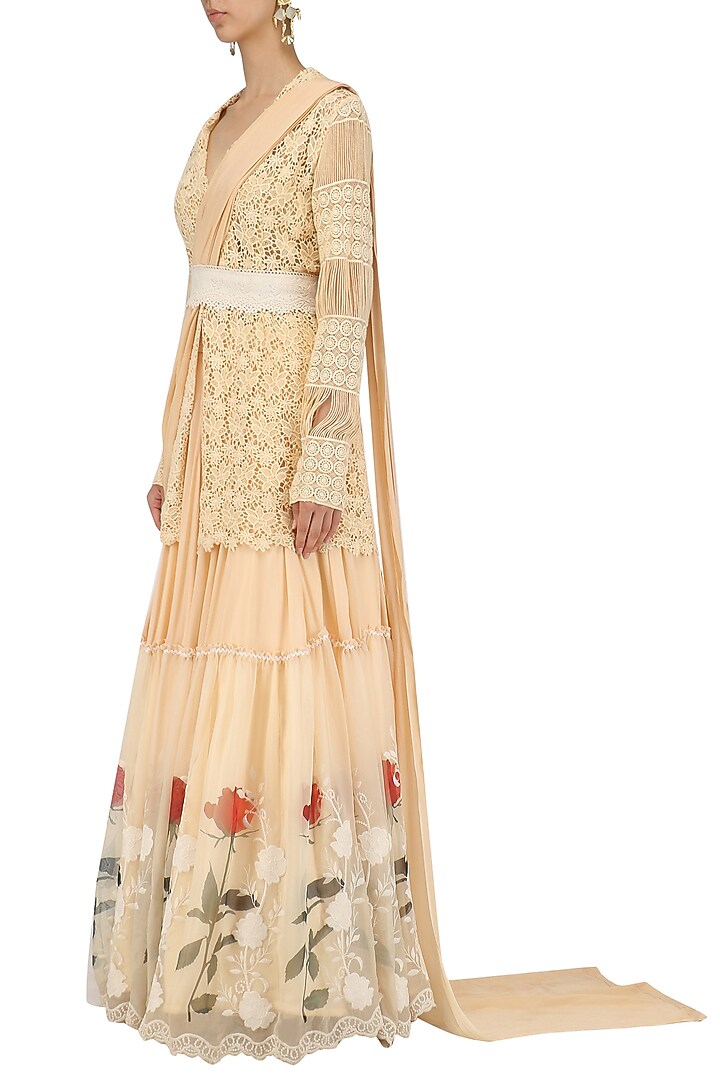 Beige crochet cutwork jacket lehenga set available only at Pernia's Pop Up Shop.