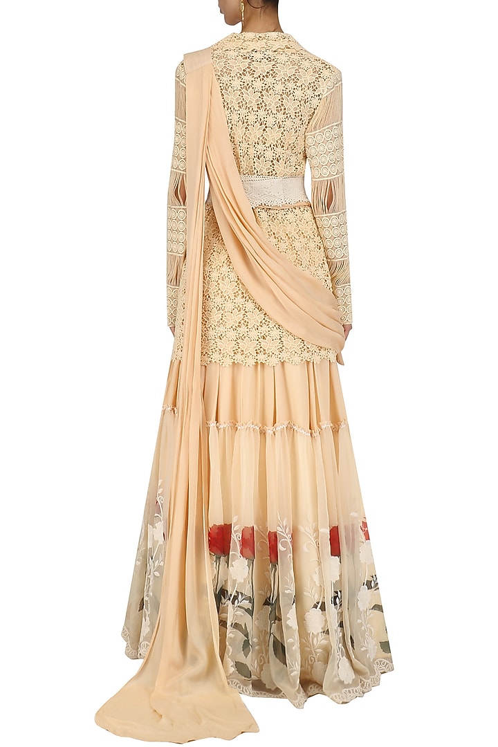 Beige crochet cutwork jacket lehenga set available only at Pernia's Pop Up Shop.