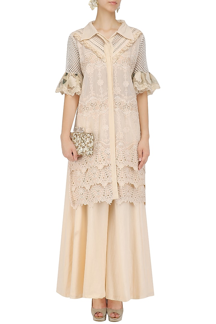 Peach pakistani shirt tunic sharara set available only at Pernia's Pop Up Shop.