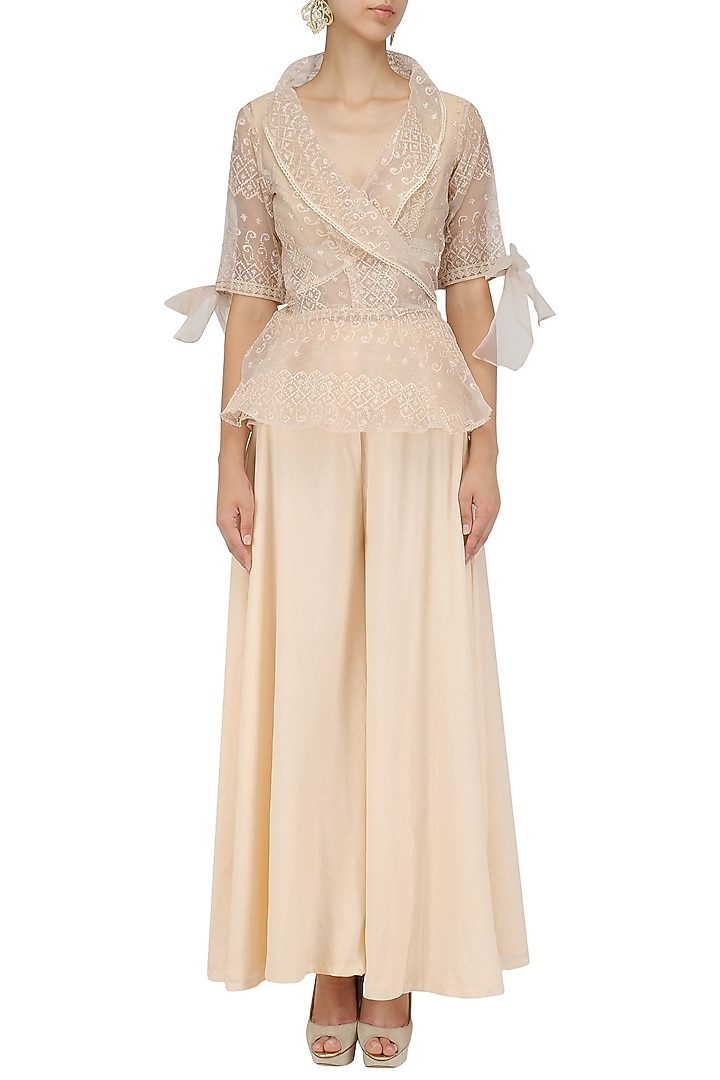 Beige organza wrap shirt and sharara pants set available only at Pernia's Pop Up Shop.