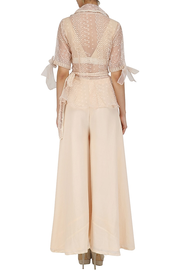 Beige organza wrap shirt and sharara pants set available only at Pernia's Pop Up Shop.