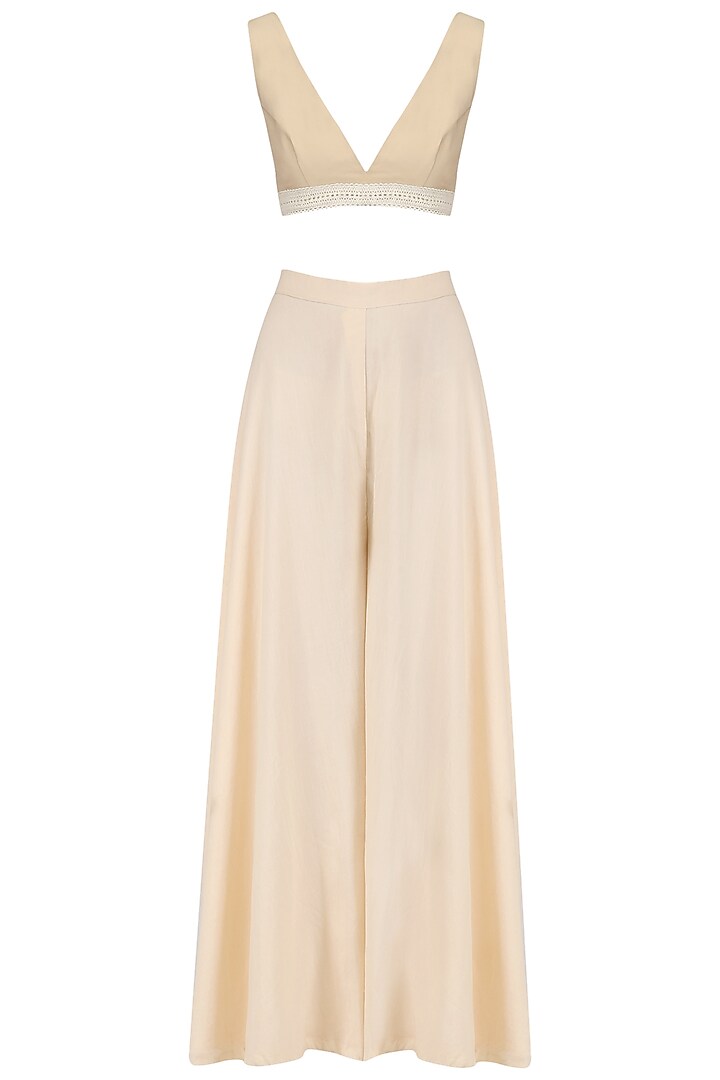 Beige organza wrap shirt and sharara pants set available only at Pernia's Pop Up Shop.