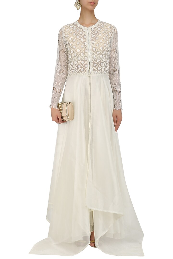 Ivory organza jacket, pants and bralet set available only at Pernia's Pop Up Shop.