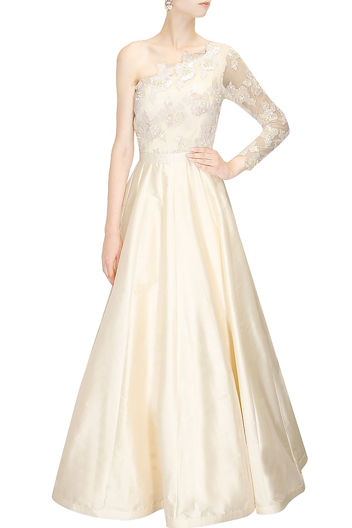 Ivory embroidered one shoulder gown available only at Pernia's Pop Up Shop.