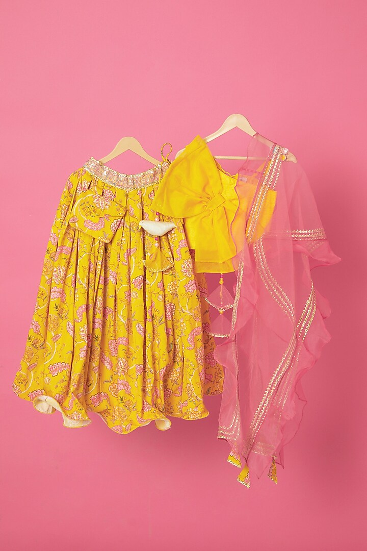 Yellow Printed Lehenga Set For Girls by Little Nida