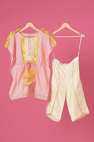Candy Pink Embellished Kaftan Set For Girls by Little Nida