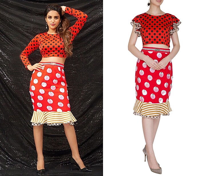 Red Polka Dot Crop Top With Pencil Skirt by Nitya Bajaj at Pernia's Pop Up Shop