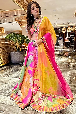 Fuchsia Pink Gaji Satin Printed & Embellished Lehenga Set by Basil Leaf