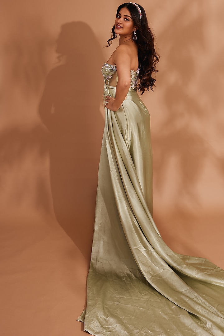 Sage Green Satin & Net Floral Embellished Draped Gown by BAYA BY RICHA
