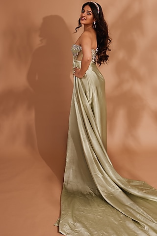 Sage Green Satin & Net Floral Embellished Draped Gown by BAYA BY RICHA
