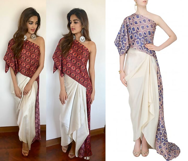 Blue printed one shoulder cape and off white drapped skirt set available only at Pernia's Pop Up Shop.