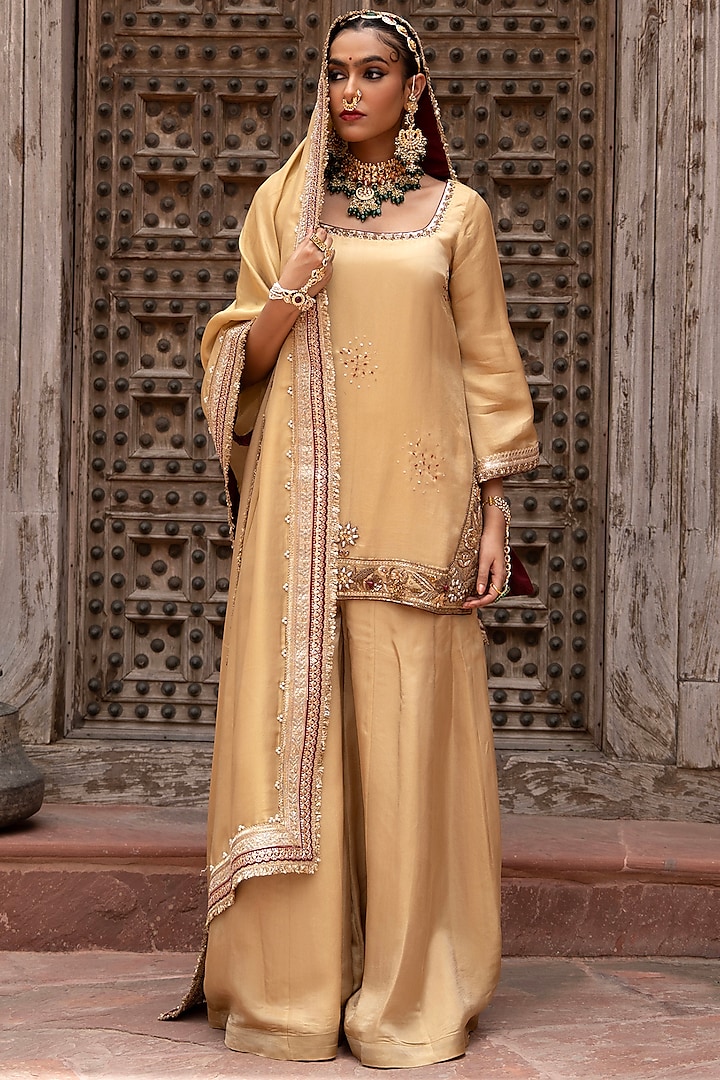 Light Golden Tissue Wedding Sharara Set by NIKUNJ BY NIIDHI BAJAJ at Pernia's Pop Up Shop
