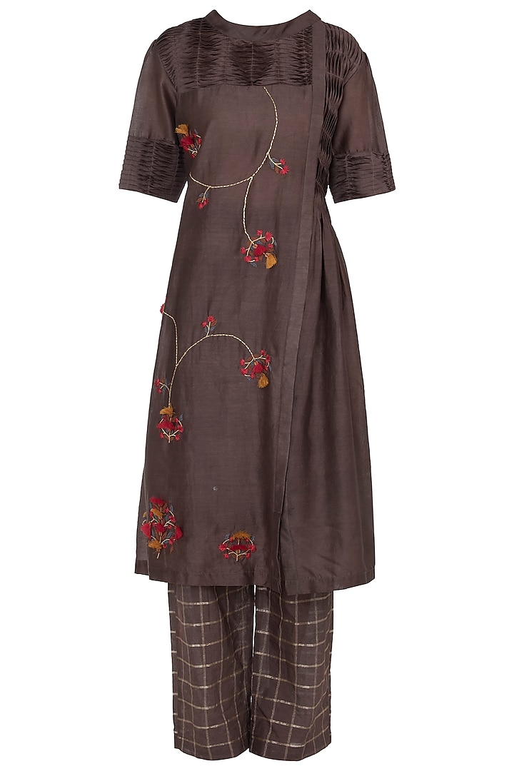 Brown Embroidered Kurta With Trouser by NE'CHI